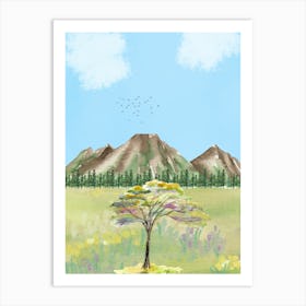 Lone Tree watercolor grren blue Art Print