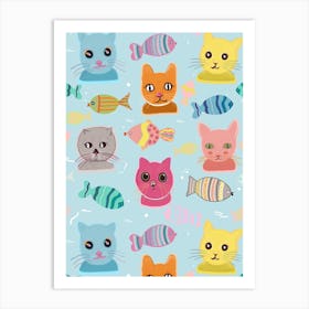 Cute Cat Faces Pattern Blue Background Art Print