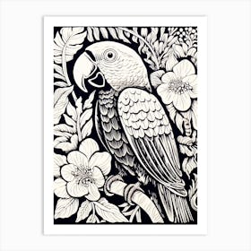 B&W Bird Linocut Macaw 2 Art Print