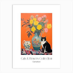 Cats & Flowers Collection Carnation Flower Vase And A Cat, A Painting In The Style Of Matisse 1 Art Print