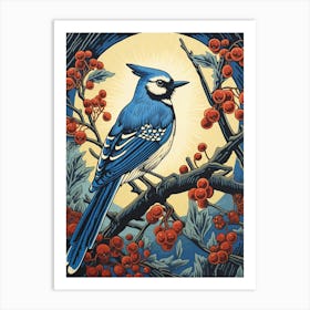 Vintage Bird Linocut Blue Jay 9 Art Print