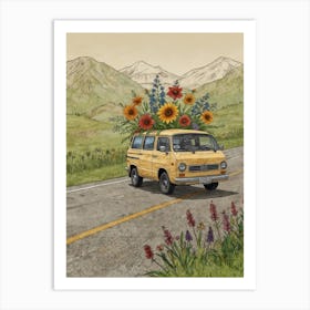 Vw Bus With Flowers Póster