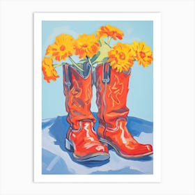 A Painting Of Cowboy Boots With Orange Flowers, Fauvist Style, Still Life 7 Art Print