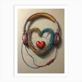 Headphones And Heart Art Print