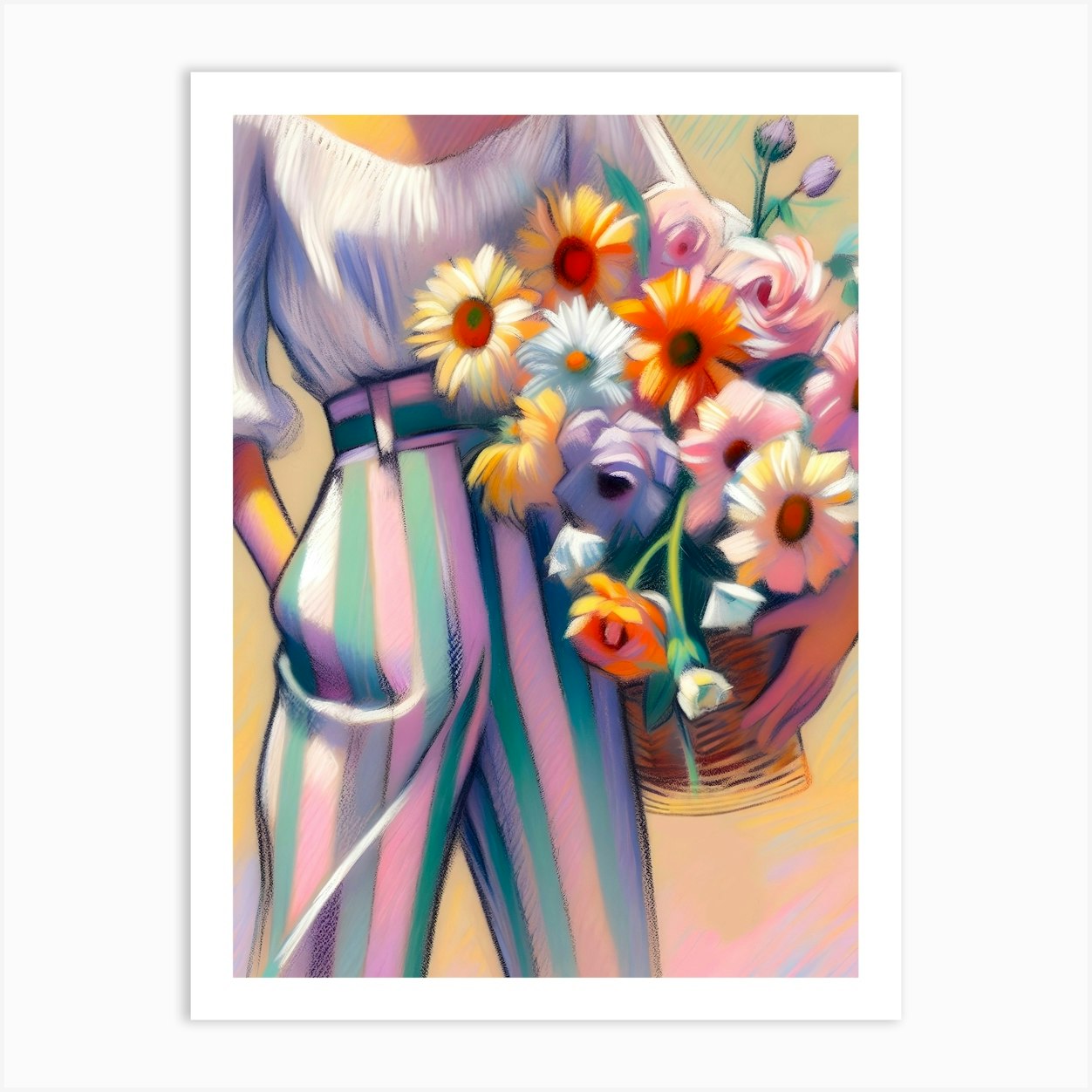 Woman With Flowers Basket Art Print by ARTISTIC AVENUE