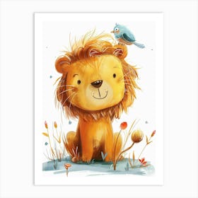 Small Joyful Lion With A Bird On Its Head 24 Art Print