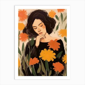Woman With Autumnal Flowers Calendula 1 Art Print