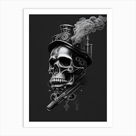 Skull With Tattoo Style Artwork Grey Stream Punk Art Print