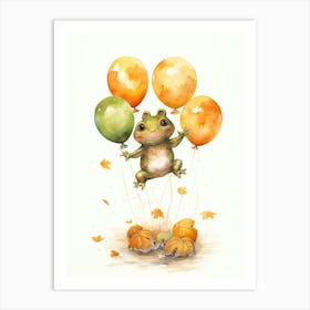 Frog Flying With Autumn Fall Pumpkins And Balloons Watercolour Nursery 2 Art Print
