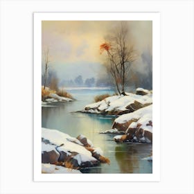 Ancient landscapes, old winter oil paintings and rocks around the lake bank. Snow is falling on the lake, old colors.9 Art Print