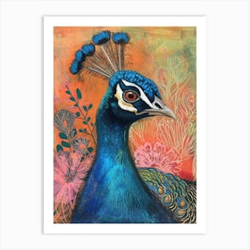 Floral Peacock Portrait Illustration 4 Art Print