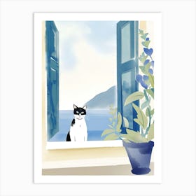 Cat In The Window blue watercolor Art Print