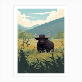 Animated Black Bull Sat In Highlands Fields Art Print