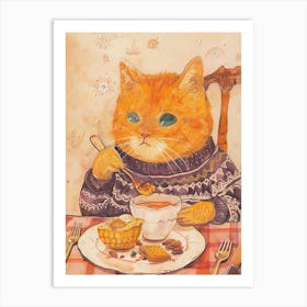 Happy Orange Cat Having Breakfast Folk Illustration 3 Art Print