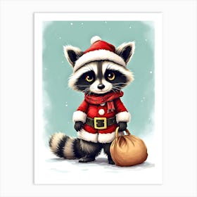 Raccoon Dressed In A Santa Suit, Complete With A Bag Of Toys And A Mischievous Twinkle In Its Eye Art Print