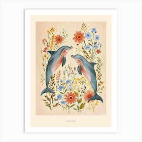 Folksy Floral Animal Drawing Dolphin 2 Poster Art Print