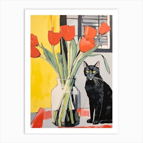 Daffodil Flower Vase And A Cat, A Painting In The Style Of Matisse 5 Art Print