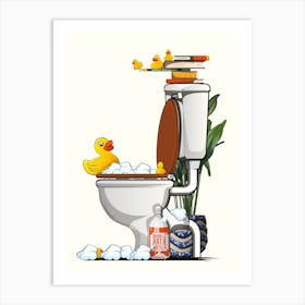 Rubber Ducks Swimming In The Toilet Art Print