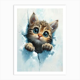 Cute Kitten Cat Peeking From Snow Art Print