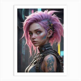 Cyberpunk Girl With Pink Hair Art Print