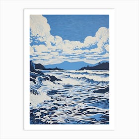 Linocut Of Cemaes Bay Anglesey Wales 1 Art Print