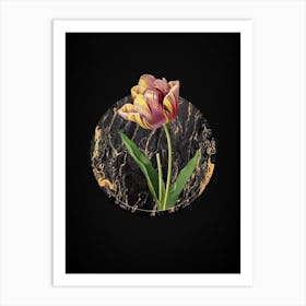 Vintage Tulip Botanical in Gilded Marble on Shadowy Black Art Print