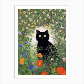Flower Garden And A Black Cat, Inspired By Klimt 3 Art Print