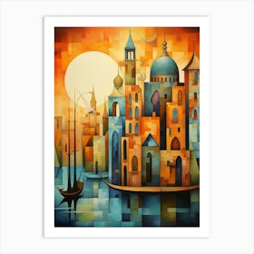 City of Venice at Sunset, Vibrant Colorful Abstract Painting in Cubism Style Art Print