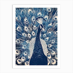 Blue Linocut Inspired Peacock Portrait 2 Art Print