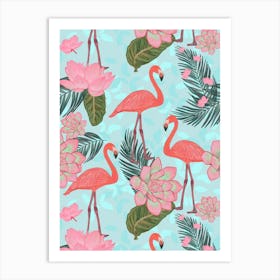 Flamingos Lotus Flower Art Print