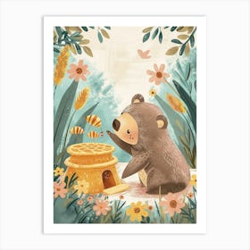 Sloth Bear Cub Playing With A Beehive Storybook Illustration 3 Art Print