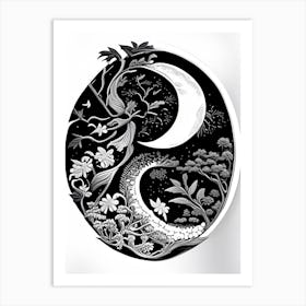 Black And White Yin and Yang 2 Linocut Art Print