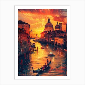 Sunset In Venice, Cityscape Collage Retro Art Print