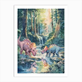 Triceratops Drinking Out Of A Stream Watercolour Painting Art Print