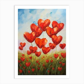 Valentine Red Heart Balloon Flowers Oil Painting Art Print