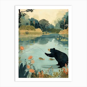 Sloth Bear Catching Fish In A Tranquil Lake Storybook Illustration 2 Art Print