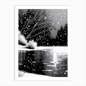 Snowflakes Falling By A Lake, Snowflakes, Black & White 2 Art Print