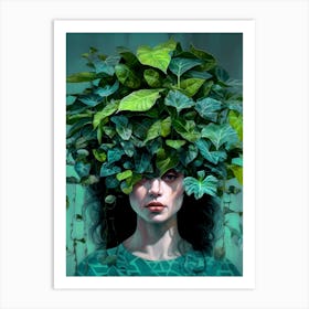 Woman With Plants On Her Head plant lover Art Print