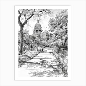 The Texas State Capitol Austin Texas Black And White Drawing 1 Art Print