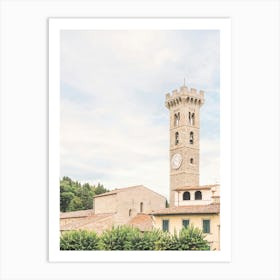 Florence, Italy I Medieval architecture tower photography in a pastel summer italian country village in Tuscany in Fiesole among the mountains, olive groves and cypress trees to experience la dolce vita Art Print