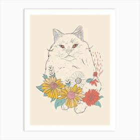Cute Ragdoll Cat With Flowers Illustration 3 Art Print