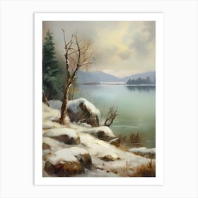 Ancient landscapes, old winter oil paintings and rocks around the lake bank. Snow is falling on the lake, old colors.11 1 Art Print