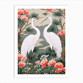 Lily And Cranes Vintage Japanese Botanical Art Print