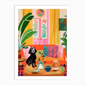 Boho Living Room With Dog Painting Animal Lovers Art Print