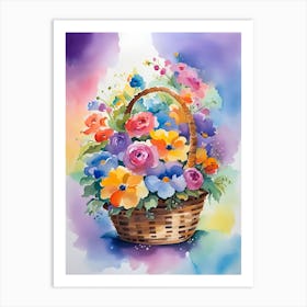 Watercolor Flowers In A Basket Art Print