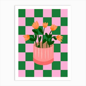Flower Pot On Checkered Background Art Print