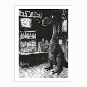 Dinosaur In A Cafe Grey Sketch Illustration Art Print