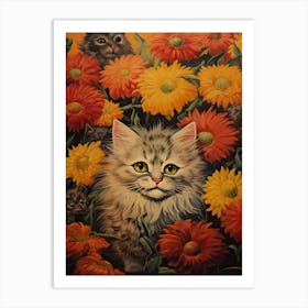 Cats And Orange Flowers, Loius Wain Art Print