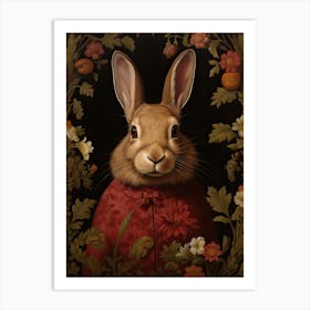 Rabbit Portrait With Rustic Flowers 2 Art Print