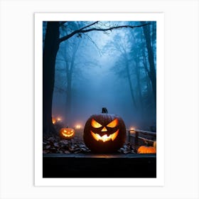 Fog Holiday Greeting Scarey Evil Dark Ominous Leaf Stripes Haunting Wood Carving Flames (14) Art Print